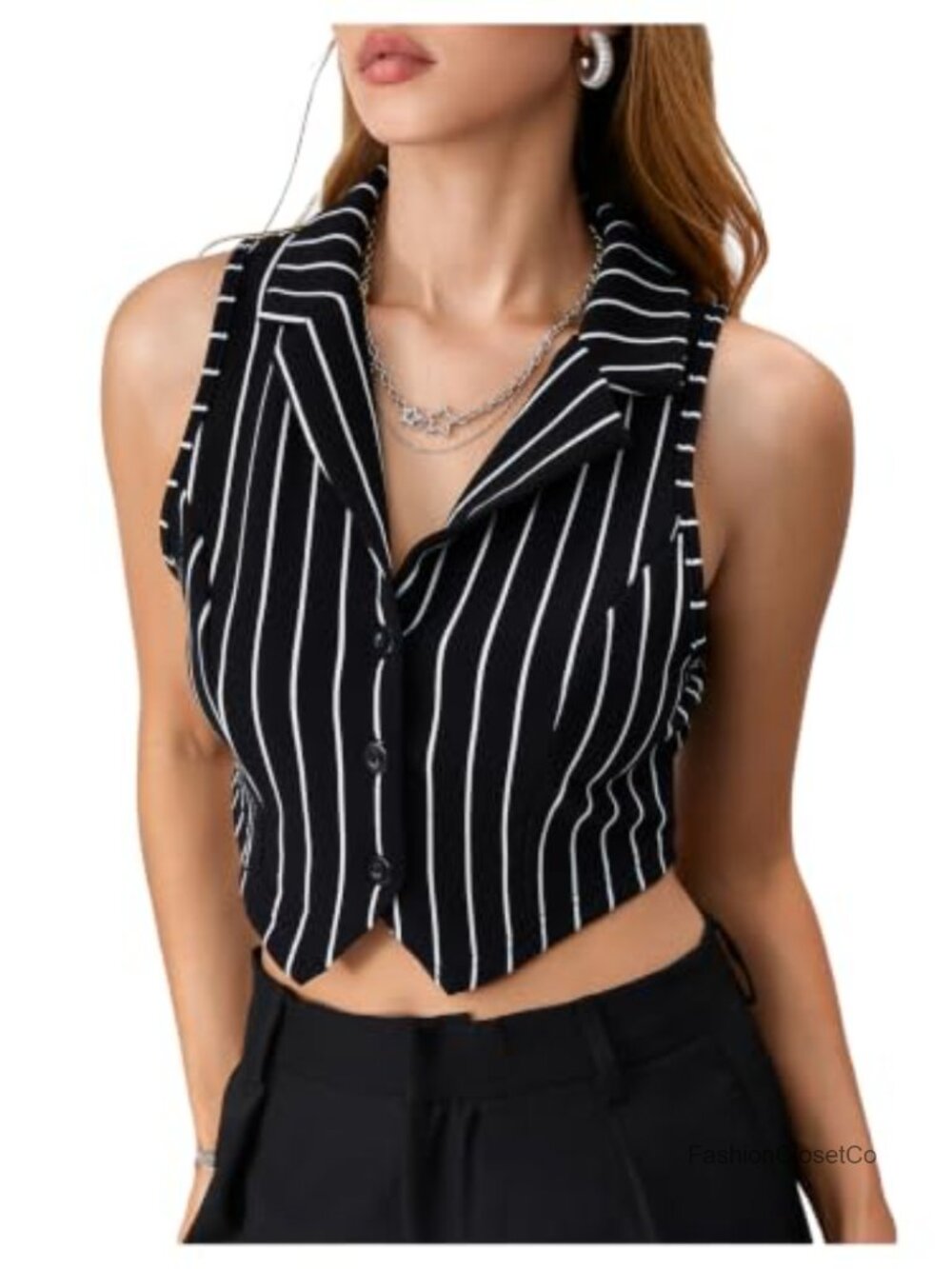 Sleeveless Button Down Striped Crop Vest Waistcoat Blazer